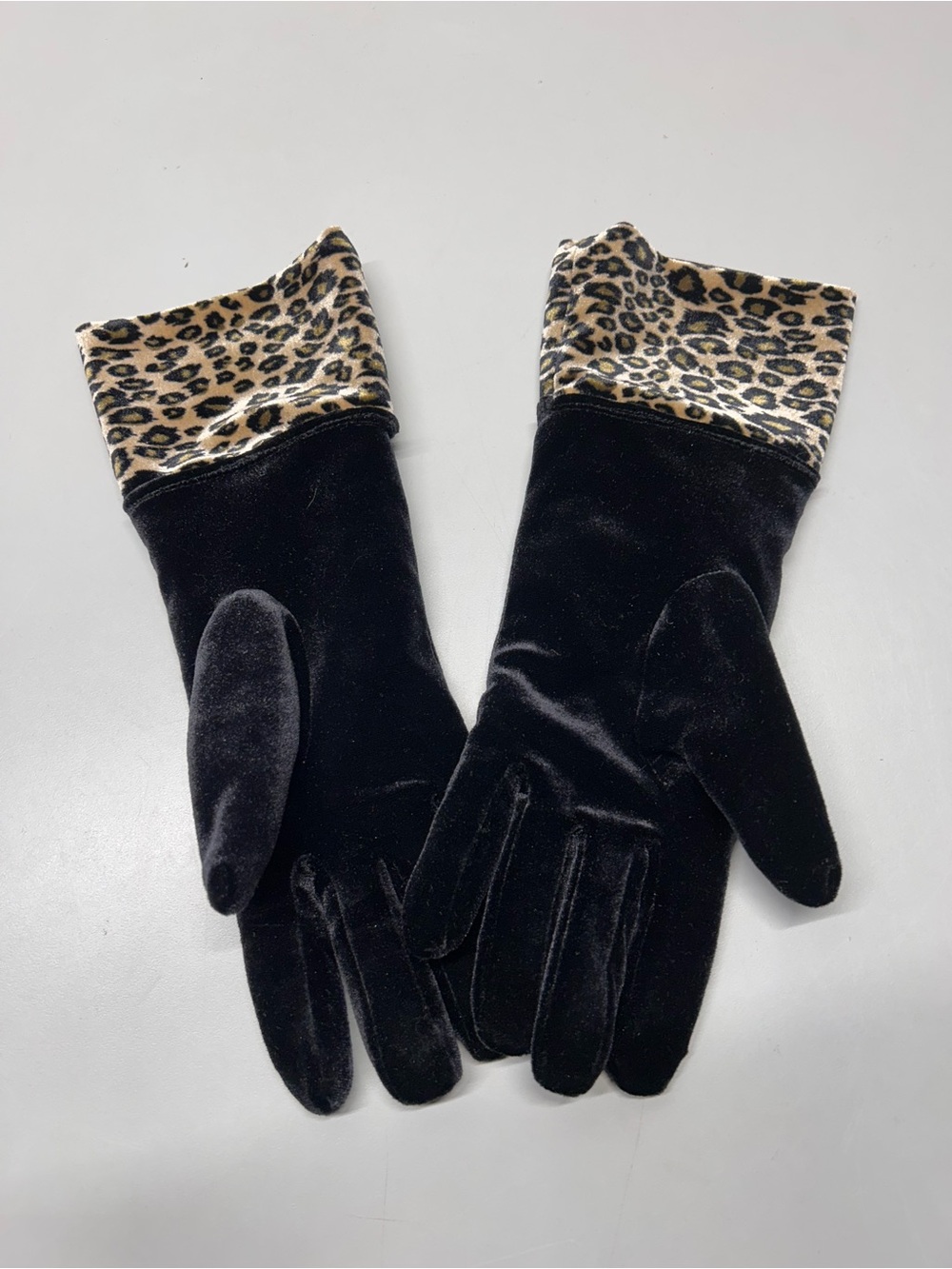 Black Velvet Gloves with Leopard Cuff - Women Accessories